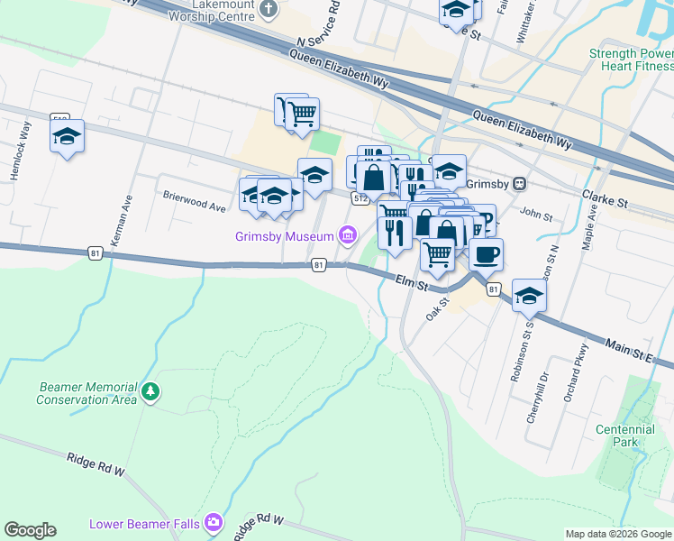 map of restaurants, bars, coffee shops, grocery stores, and more near 125 Main Street West in Grimsby