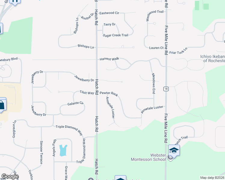 map of restaurants, bars, coffee shops, grocery stores, and more near 8 Pewter Rock in Webster