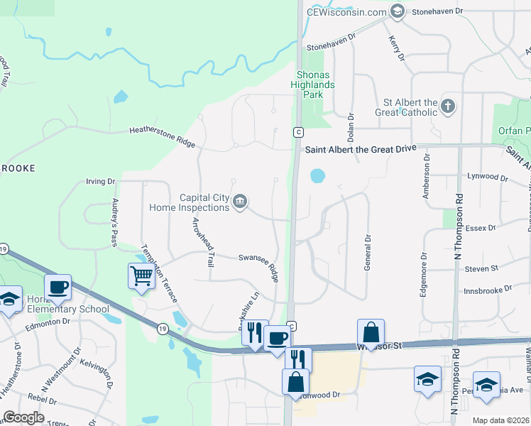 map of restaurants, bars, coffee shops, grocery stores, and more near 3201 Old Fox Run in Sun Prairie