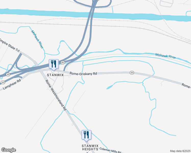 map of restaurants, bars, coffee shops, grocery stores, and more near 6948 Rome-Oriskany Road in Rome