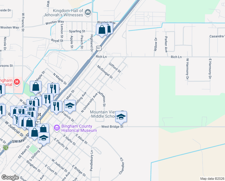 map of restaurants, bars, coffee shops, grocery stores, and more near 298 Hawley Street in Blackfoot