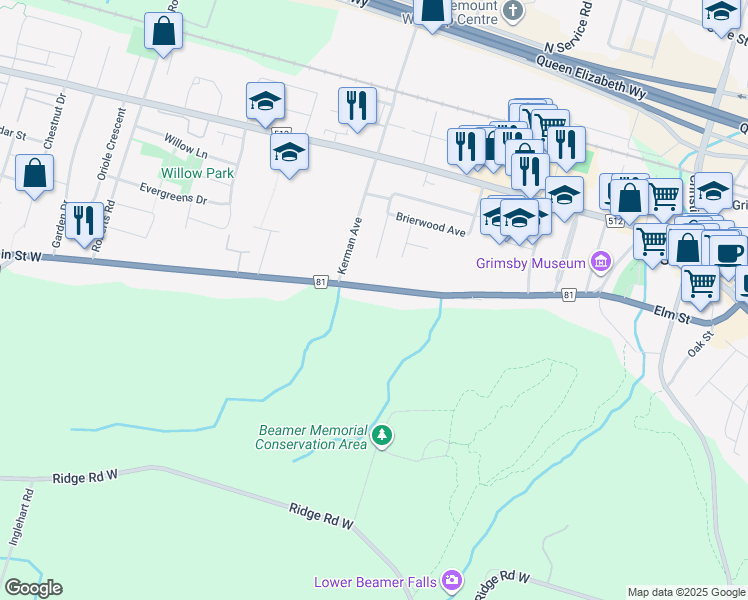 map of restaurants, bars, coffee shops, grocery stores, and more near 237 Main Street West in Grimsby