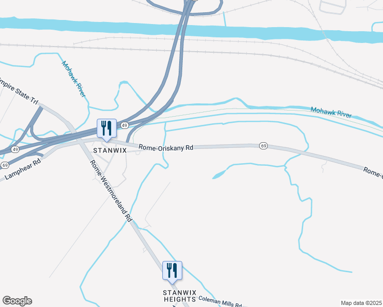map of restaurants, bars, coffee shops, grocery stores, and more near 6948 Rome-Oriskany Road in Rome