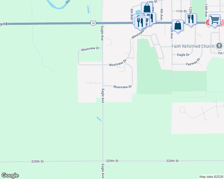 map of restaurants, bars, coffee shops, grocery stores, and more near Riverview Drive in Rock Valley