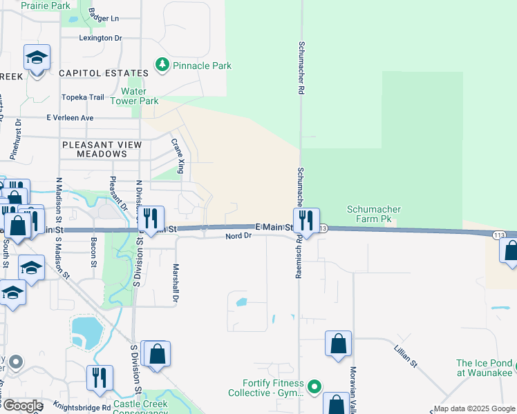 map of restaurants, bars, coffee shops, grocery stores, and more near 5802 East Main Street in Waunakee