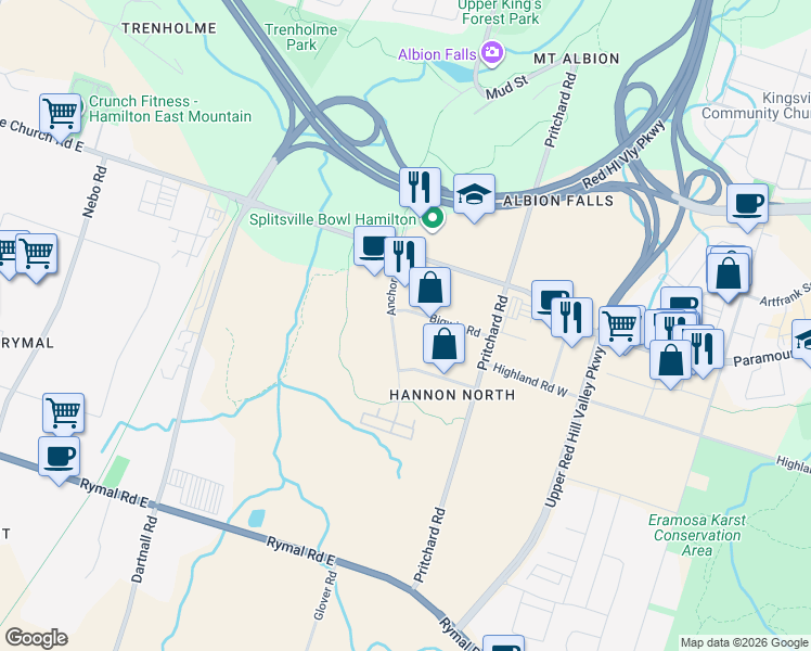 map of restaurants, bars, coffee shops, grocery stores, and more near 8 Bigwin Road in Hamilton