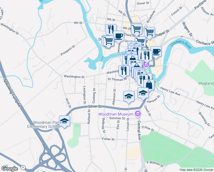 map of restaurants, bars, coffee shops, grocery stores, and more near 28 Belknap Street in Dover