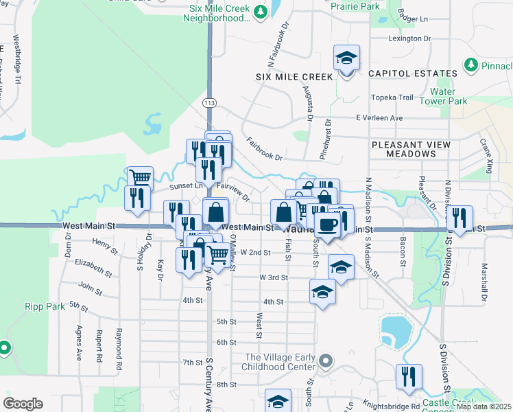 map of restaurants, bars, coffee shops, grocery stores, and more near 103 North West Street in Waunakee