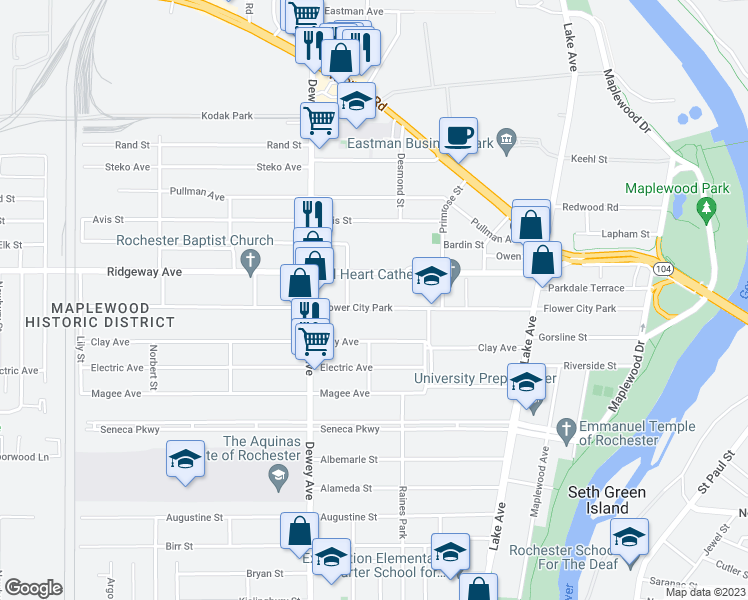 map of restaurants, bars, coffee shops, grocery stores, and more near 404 Flower City Park in Rochester