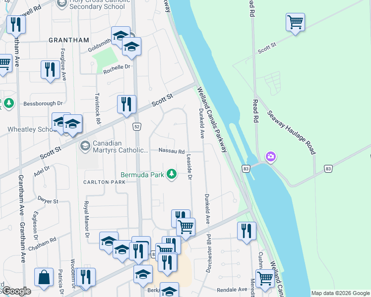 map of restaurants, bars, coffee shops, grocery stores, and more near 81 Leaside Drive in St. Catharines