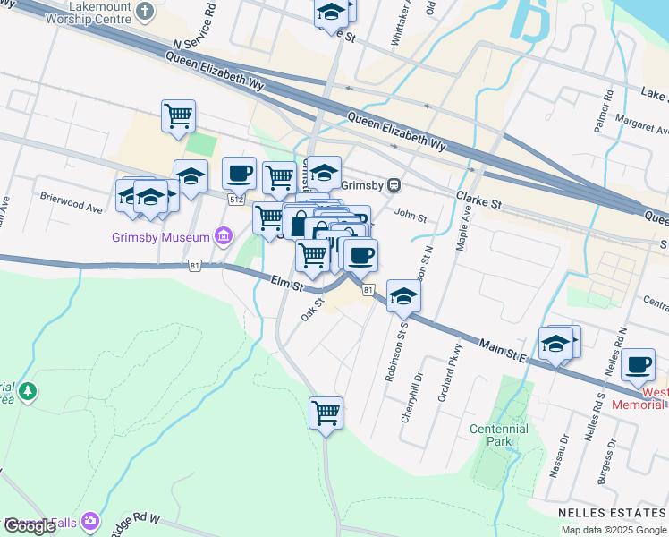 map of restaurants, bars, coffee shops, grocery stores, and more near 2 Main Street East in Grimsby