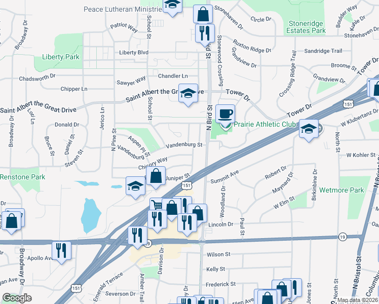 map of restaurants, bars, coffee shops, grocery stores, and more near 905 Chicory Way in Sun Prairie