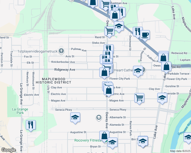 map of restaurants, bars, coffee shops, grocery stores, and more near 601 Flower City Park in Rochester