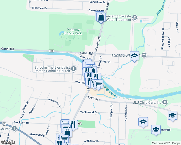 map of restaurants, bars, coffee shops, grocery stores, and more near 122 South Union Street in Spencerport