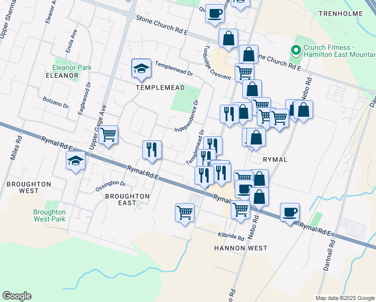 map of restaurants, bars, coffee shops, grocery stores, and more near 509 Templemead Drive in Hamilton
