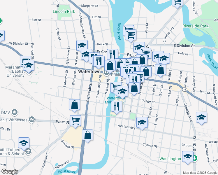 map of restaurants, bars, coffee shops, grocery stores, and more near 211 South Water Street in Watertown