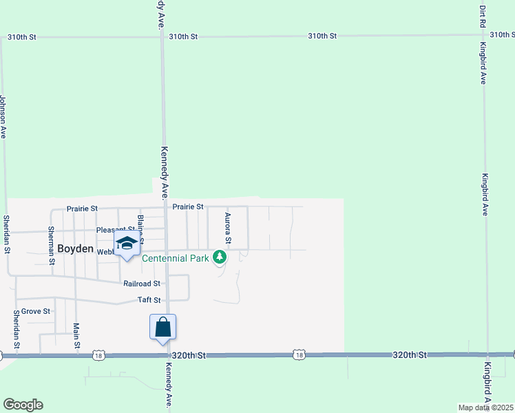 map of restaurants, bars, coffee shops, grocery stores, and more near 1599 Prairie Street in Boyden