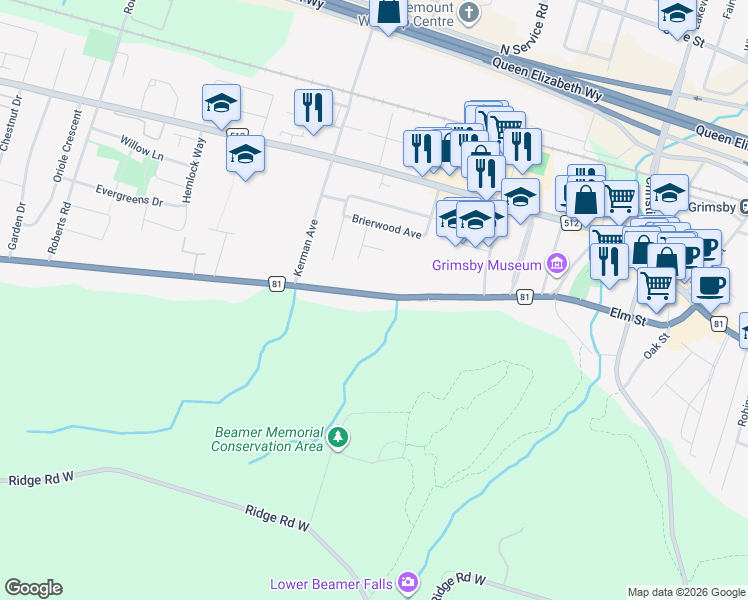 map of restaurants, bars, coffee shops, grocery stores, and more near 207 Main Street West in Grimsby