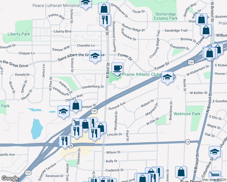 map of restaurants, bars, coffee shops, grocery stores, and more near 681 Athletic Way in Sun Prairie