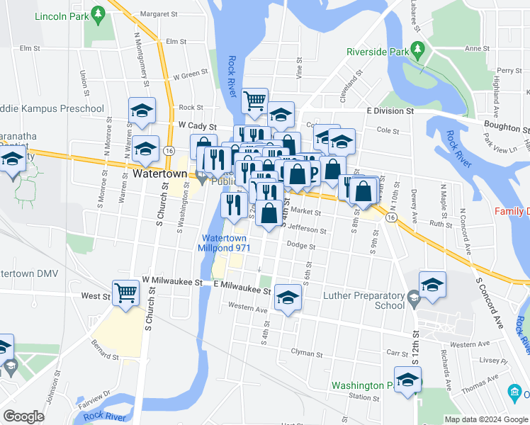 map of restaurants, bars, coffee shops, grocery stores, and more near 206 South 3rd Street in Watertown