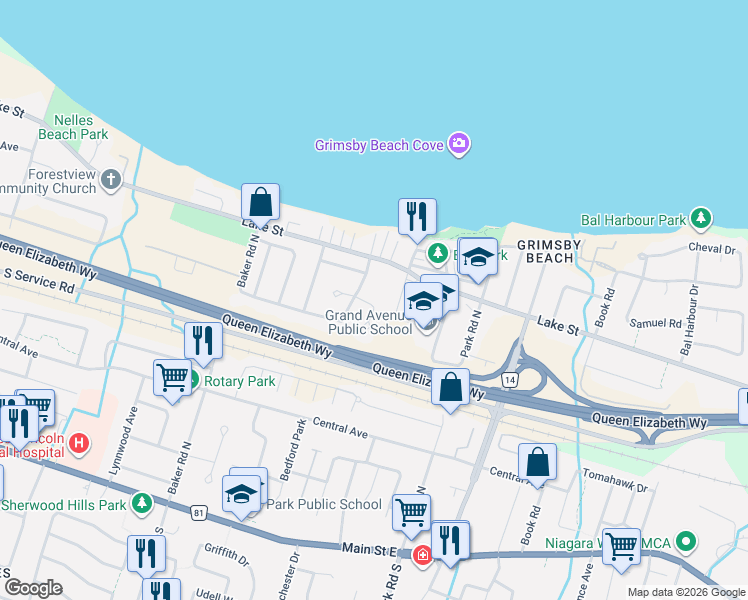 map of restaurants, bars, coffee shops, grocery stores, and more near 36 Inglewood Court in Grimsby