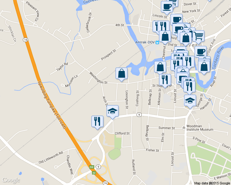 map of restaurants, bars, coffee shops, grocery stores, and more near 17 Richmond Street in Dover