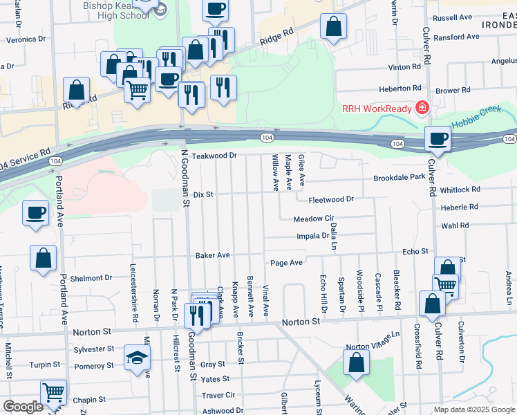 map of restaurants, bars, coffee shops, grocery stores, and more near 224 Bennett Avenue in Rochester