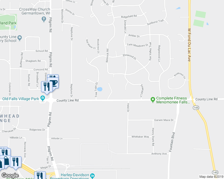 map of restaurants, bars, coffee shops, grocery stores, and more near N96W14966 County Line Road in Colgate