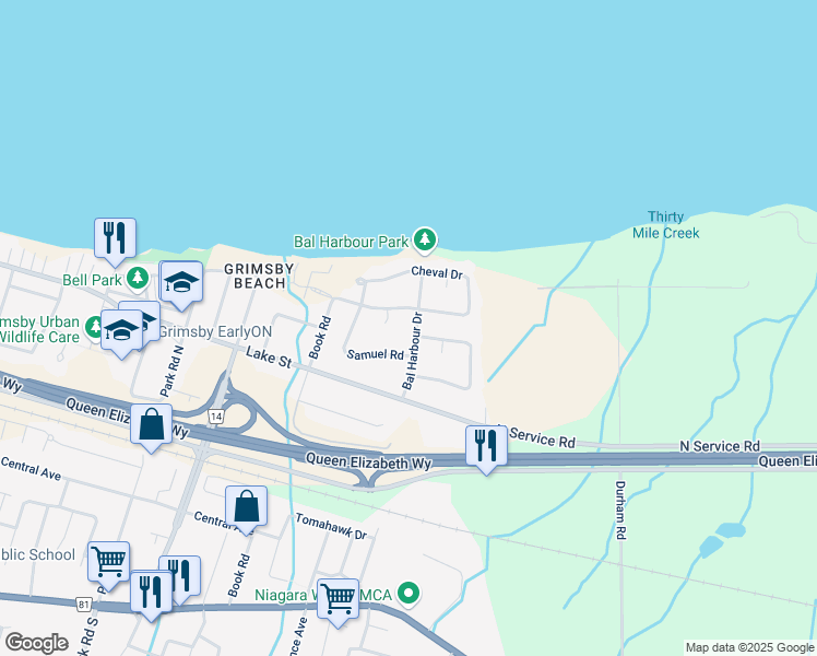 map of restaurants, bars, coffee shops, grocery stores, and more near 19 Bal Harbour Drive in Grimsby
