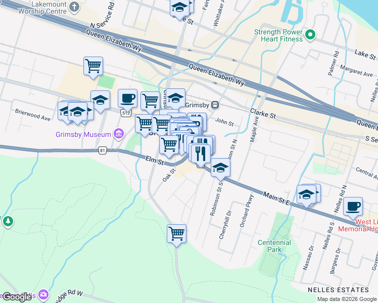 map of restaurants, bars, coffee shops, grocery stores, and more near 9 Main Street East in Grimsby