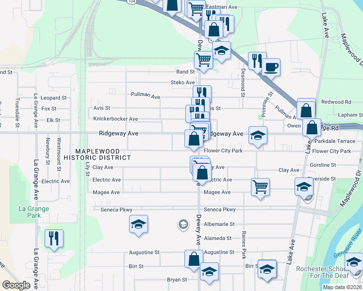 map of restaurants, bars, coffee shops, grocery stores, and more near 560 Flower City Park in Rochester