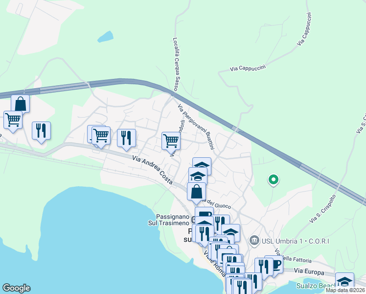 map of restaurants, bars, coffee shops, grocery stores, and more near 6 Via M. Lucertini in Passignano Sul Trasimeno