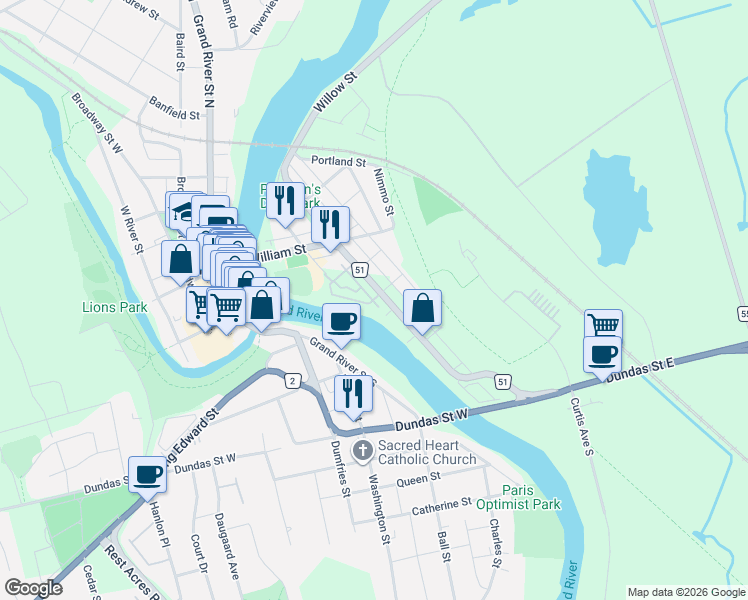 map of restaurants, bars, coffee shops, grocery stores, and more near 60 Willow Street in Brant