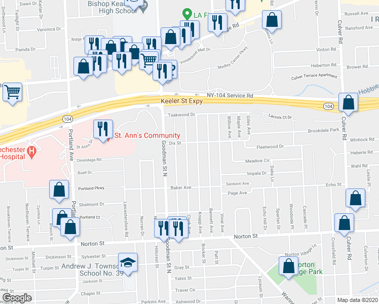 map of restaurants, bars, coffee shops, grocery stores, and more near 256 Clark Avenue in Rochester