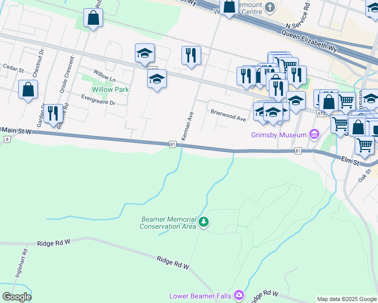 map of restaurants, bars, coffee shops, grocery stores, and more near 237 Main Street West in Grimsby