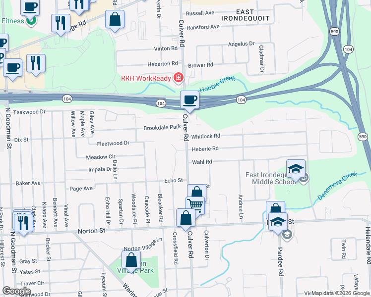 map of restaurants, bars, coffee shops, grocery stores, and more near 2505 Culver Road in Irondequoit