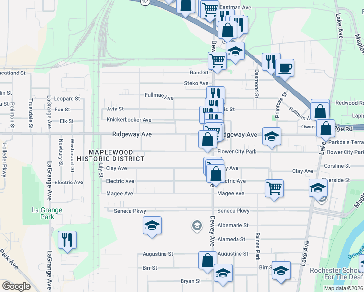 map of restaurants, bars, coffee shops, grocery stores, and more near 606 Flower City Park in Rochester