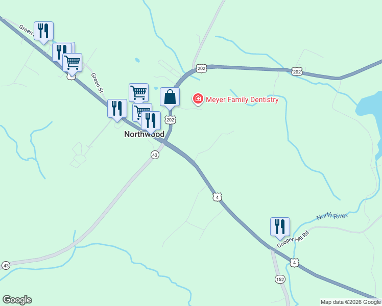 map of restaurants, bars, coffee shops, grocery stores, and more near 34 Bean Road in Northwood