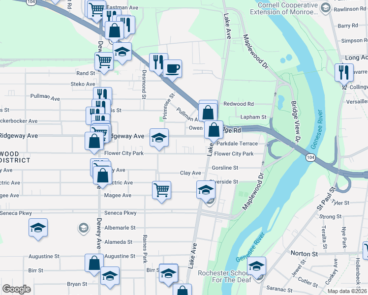 map of restaurants, bars, coffee shops, grocery stores, and more near 229 Flower City Park in Rochester