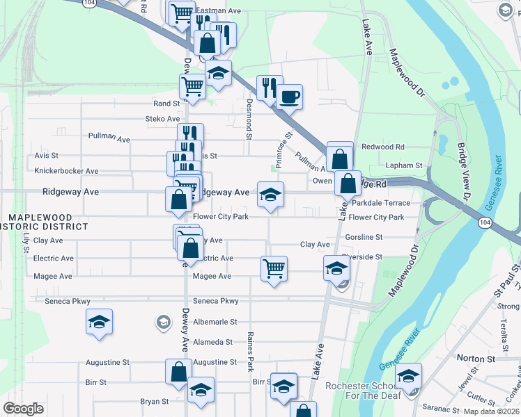 map of restaurants, bars, coffee shops, grocery stores, and more near 341 Flower City Park in Rochester