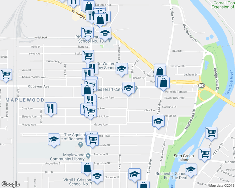 map of restaurants, bars, coffee shops, grocery stores, and more near 391 Flower City Park in Rochester