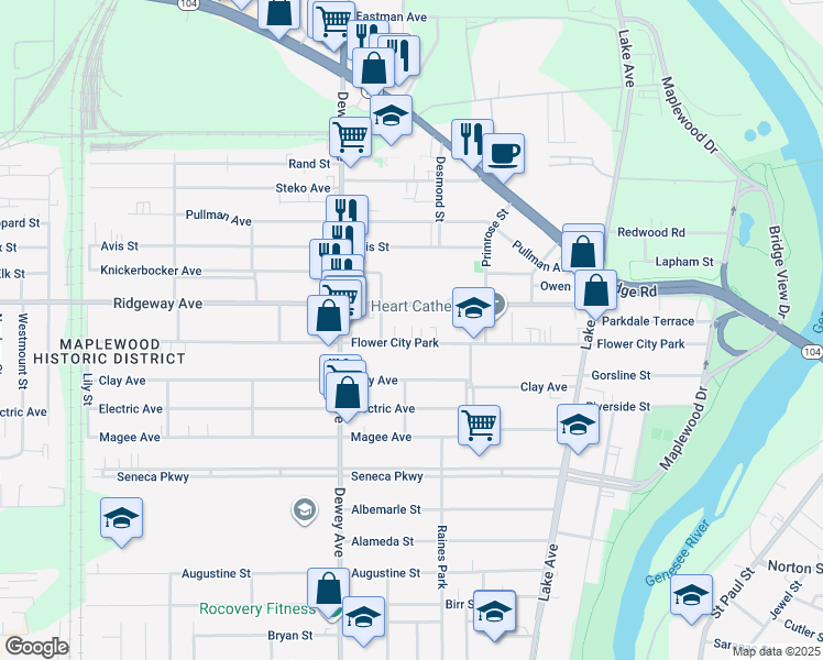 map of restaurants, bars, coffee shops, grocery stores, and more near 391 Flower City Park in Rochester