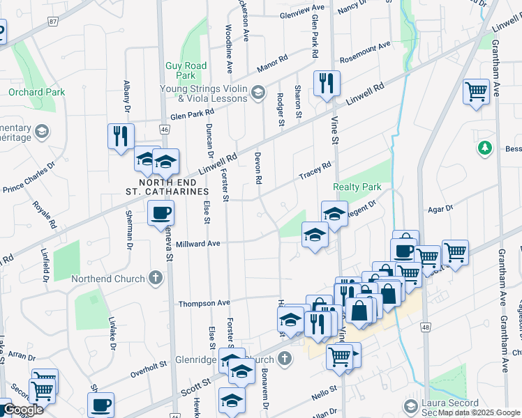 map of restaurants, bars, coffee shops, grocery stores, and more near in St. Catharines
