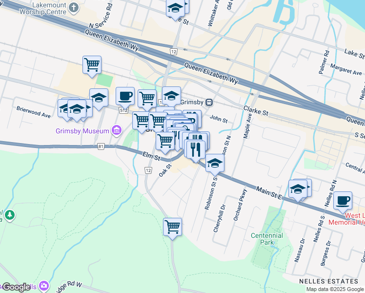 map of restaurants, bars, coffee shops, grocery stores, and more near 1 Main Street East in Grimsby