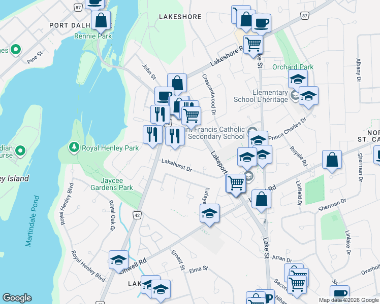 map of restaurants, bars, coffee shops, grocery stores, and more near 7 Bedford Court in St. Catharines