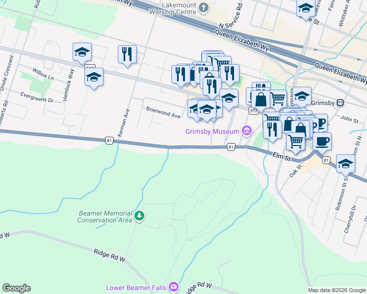 map of restaurants, bars, coffee shops, grocery stores, and more near Main Street West in Grimsby