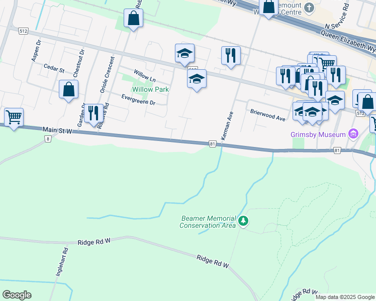 map of restaurants, bars, coffee shops, grocery stores, and more near 259 Main Street West in Grimsby