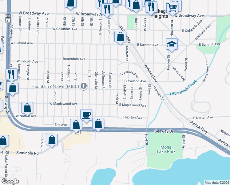 map of restaurants, bars, coffee shops, grocery stores, and more near 3320 Sanford Street in Muskegon Heights