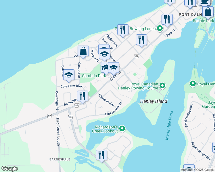 map of restaurants, bars, coffee shops, grocery stores, and more near 305 Main Street in Saint Catharines