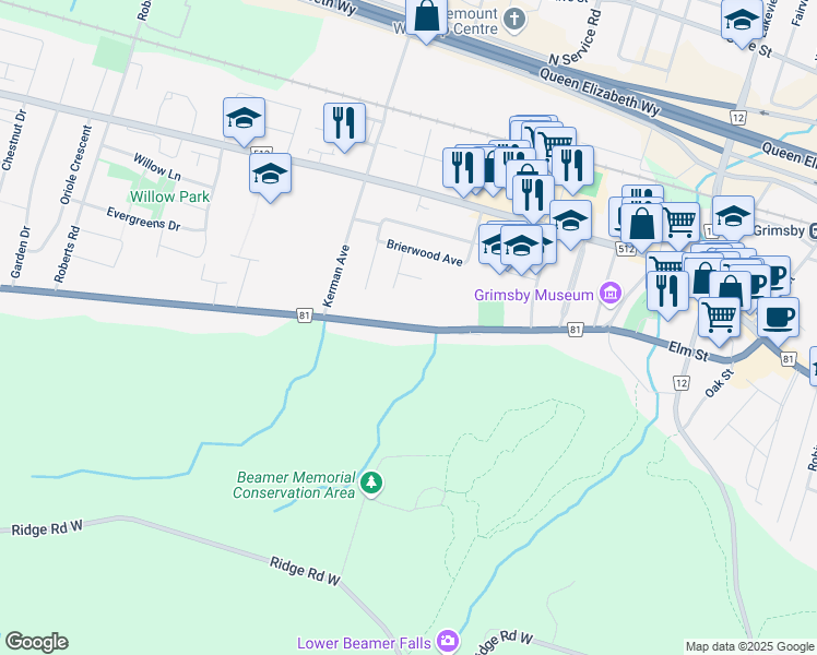 map of restaurants, bars, coffee shops, grocery stores, and more near 207 Main Street West in Grimsby